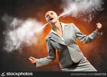 businesswoman in anger screaming steam going out from ears
