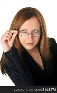 businesswoman in black jacket with glasses