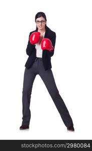 Businesswoman in boxing concept on white