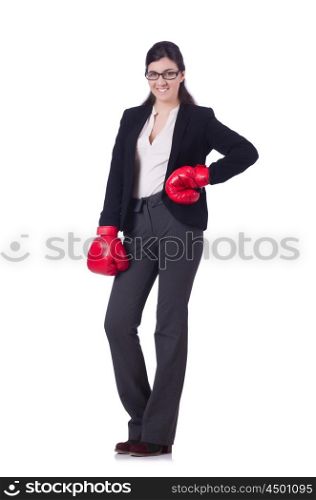 Businesswoman in boxing concept on white