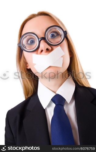 Businesswoman in censorship concept isolated on white