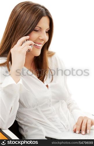 businesswoman in chair with laptop and phone over white