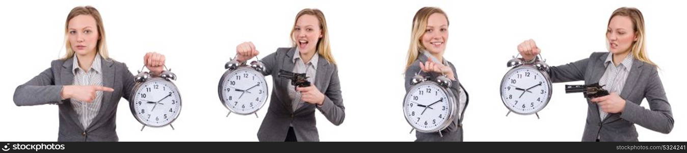 Businesswoman in gray suit holding alarm clock isolated on white