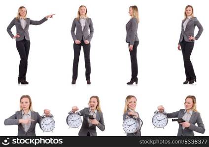 Businesswoman in gray suit isolated on white