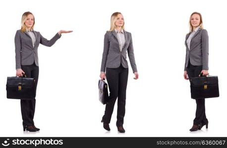 Businesswoman in gray suit isolated on white