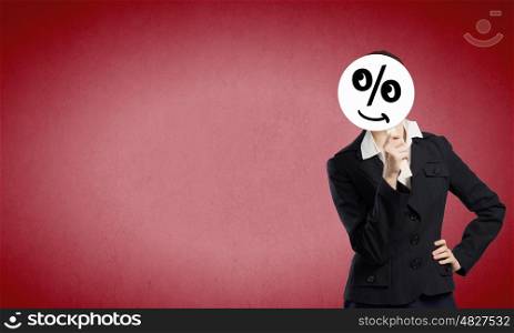 Businesswoman in mask. Unrecognizable businesswoman hiding her face behind mask