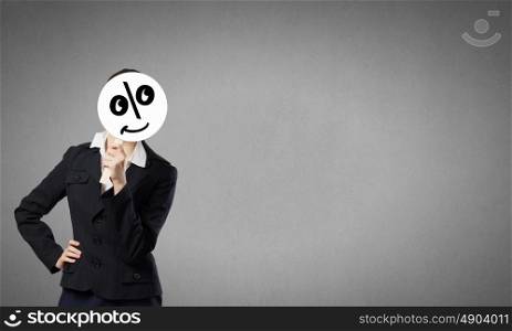 Businesswoman in mask. Unrecognizable businesswoman hiding her face behind mask
