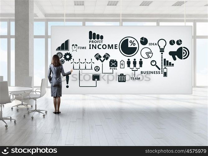 Businesswoman in top floor office. Elegant businesswoman in modern office interior against window panoramic view drawing on banner