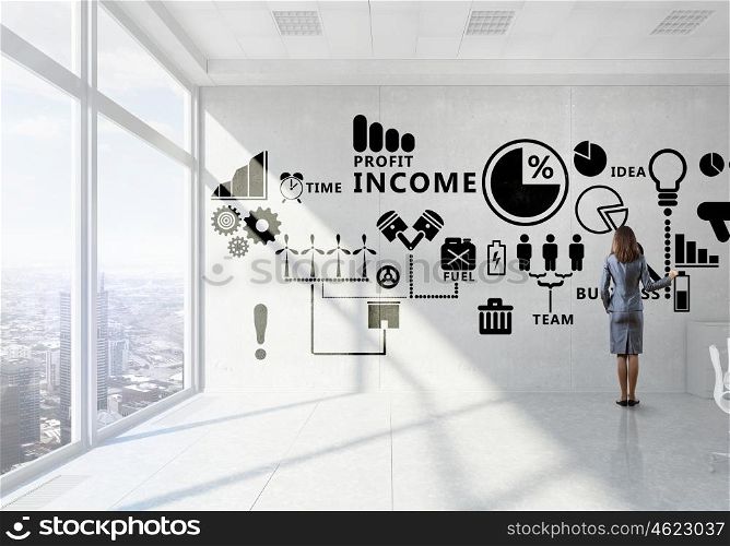 Businesswoman in top floor office. Elegant businesswoman in modern office interior against window panoramic view drawing on banner