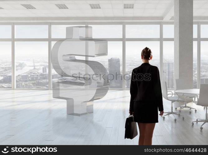 Businesswoman in top floor office. Elegant businesswoman in modern office interior against window panoramic view