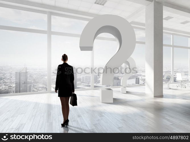 Businesswoman in top floor office. Elegant businesswoman in modern office interior against window panoramic view