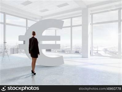 Businesswoman in top floor office. Elegant businesswoman in modern office interior against window panoramic view