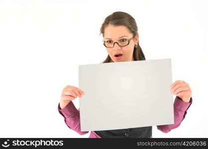 businesswoman is holding blank board