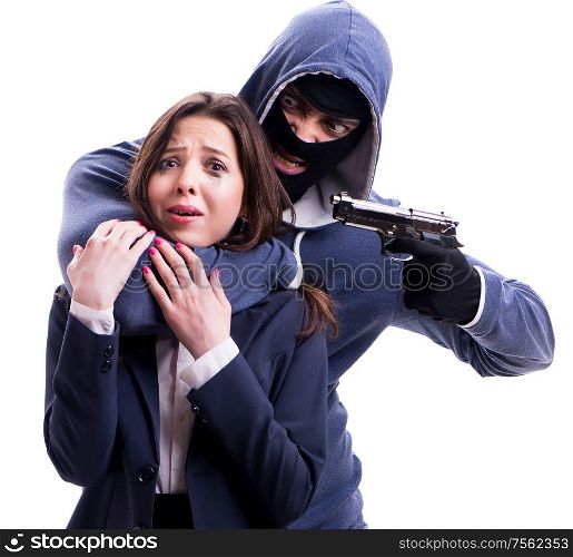 Businesswoman is kidnapped by the gunman. The businesswoman is kidnapped by the gunman