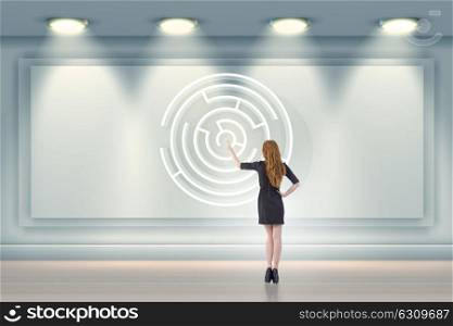 Businesswoman is looking for ways to escape from maze labyrinth