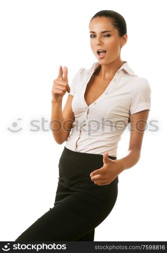 businesswoman is showing guns with hands on white background