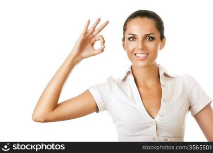 businesswoman is showing ok gesture on white background
