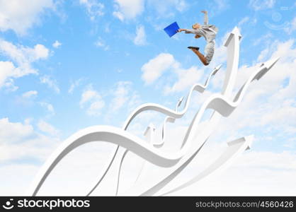 Businesswoman jumping. Young businesswoman jumping on white arrows. Growth concept