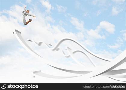 Businesswoman jumping. Young businesswoman jumping on white arrows. Growth concept