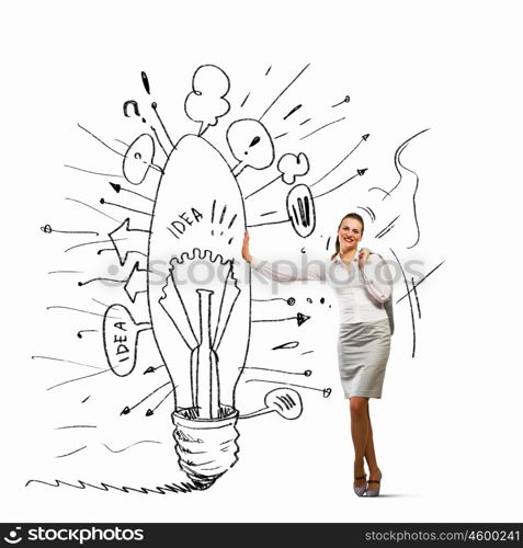 Businesswoman leaning on bulb. Image of businesswoman leaning on bulb. Idea concept