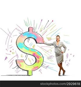 Businesswoman leaning on dollar sign