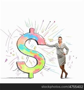 Businesswoman leaning on dollar sign. Image of confident businesswoman leaning on dollar sign