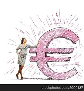 Businesswoman leaning on euro sign