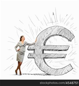 Businesswoman leaning on euro sign. Image of confident businesswoman leaning on euro sign