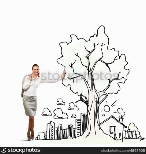 Businesswoman leaning on illustration. Image of businesswoman leaning on illustration. Construction concept