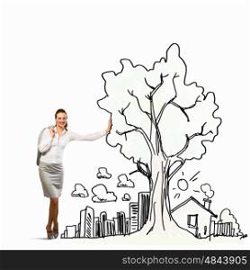 Businesswoman leaning on illustration. Image of businesswoman leaning on illustration. Construction concept