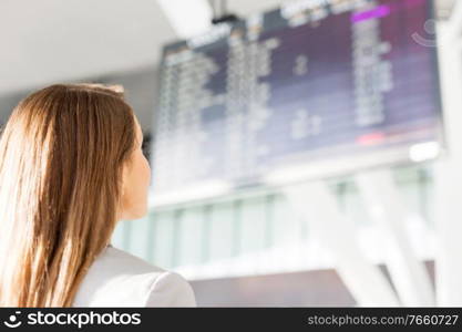 Businesswoman looking at flights display screen in airport