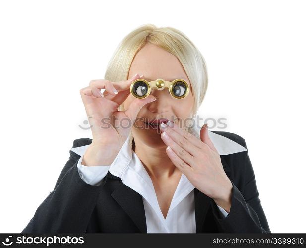 Businesswoman looking through binoculars. Isolated on white background