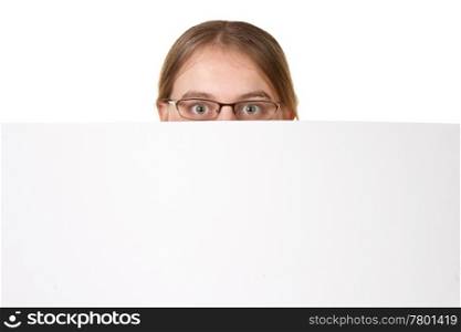 businesswoman looks over a white poster copyspace