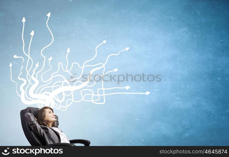 Businesswoman making decision. Young pensive businesswoman and arrows coming out of her head