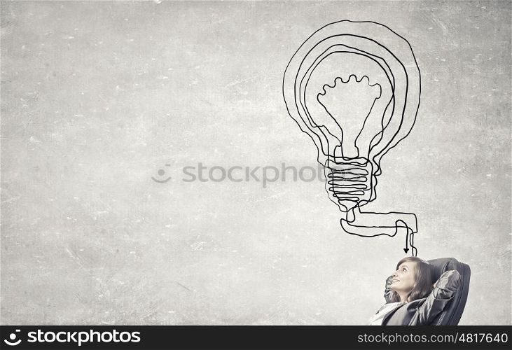Businesswoman making decision. Young pensive businesswoman and arrows coming out of her head