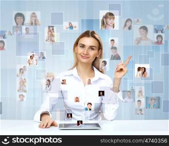 Businesswoman making presentation against social network background