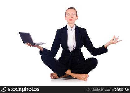 Businesswoman meditating isolated on white