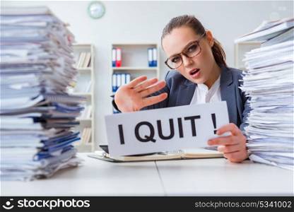 Businesswoman not coping with workload and resigning. The businesswoman not coping with workload and resigning