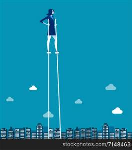 Businesswoman on stilts walking above city. Concept business vector illustration.