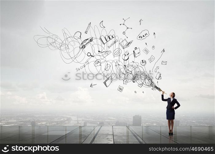 Businesswoman play pipe. Young pretty businesswoman playing melody on trumpet