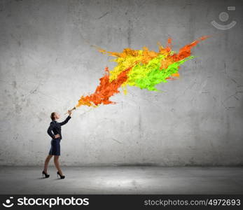 Businesswoman play pipe. Young pretty businesswoman playing melody on trumpet