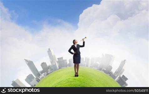 Businesswoman play pipe. Young pretty businesswoman playing melody on trumpet