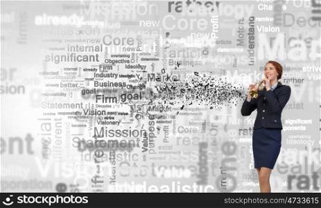 Businesswoman playing fife. Cheerful businesswoman playing fife on white background