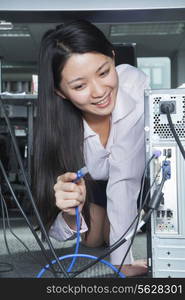 Businesswoman Plugging Cord Into Back of Computer