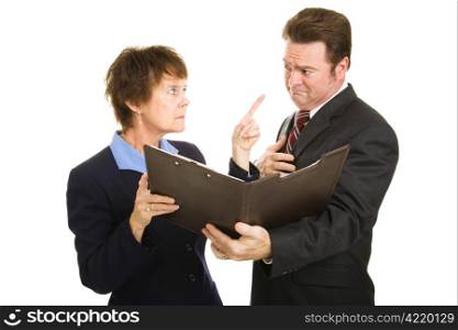 Businesswoman pointing fingers and blaming her partner for their financial problems. Isolated on white.