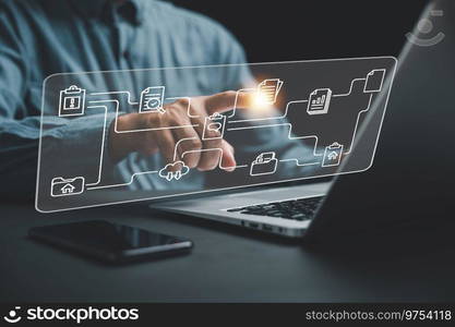 Businesswoman pointing to a virtual modern screen displaying Document Management System  DMS . Concept of digital file management and efficient information handling. Internet-based technology.. Pointing finger of a businesswoman directs attention to a virtual modern screen featuring Document Management System