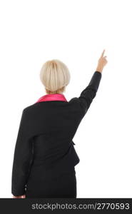 Businesswoman points finger up. Isolated on white background
