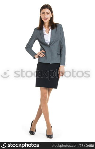 Businesswoman portrait full length studio isolated on white background. Businesswoman portrait full length