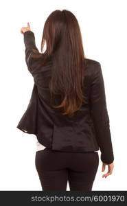 Businesswoman posing with her back faced to camera, isolated over copy space background