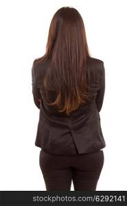 Businesswoman posing with her back faced to camera, isolated over copy space background